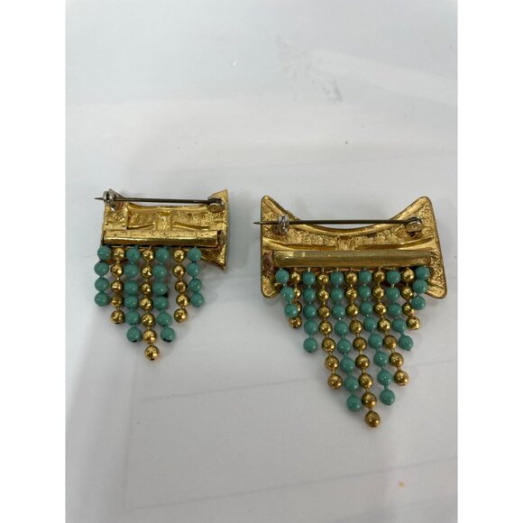Gold & Faux Turquoise Broochs Vintage Pins Matching Bows Set of 2 - Picture 5 of 7